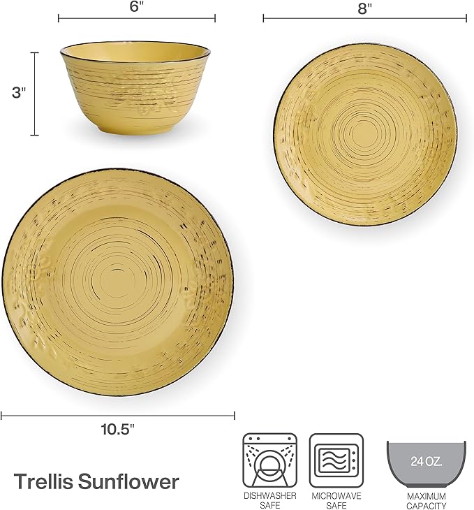 Pfaltzgraff Trellis Sunflower 12 Piece Dinnerware Set, Service for 4, Yellow