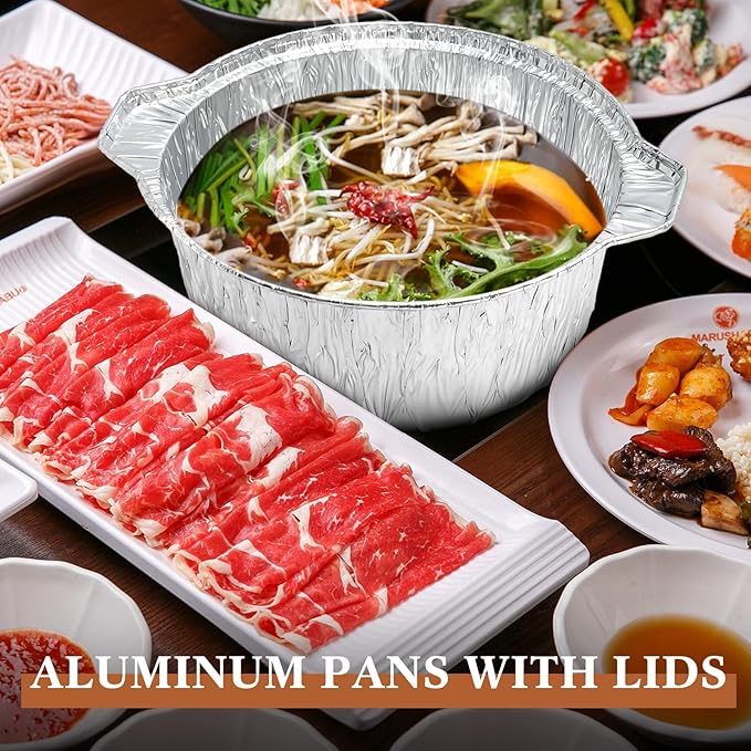 Ziliny Disposable Aluminum Pot with Lid Round Foil Pans Disposable Cookware Food Container for Vacation Trips Camping Baking Heating Cooking(12 Pcs,74.4 oz)
