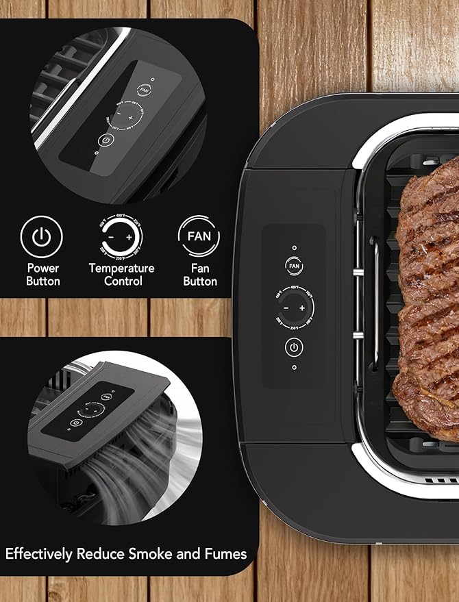 Smokeless Indoor Grill, COWSAR 1500W Electric Grill Indoor with Drip Tray & Tempered Glass Lid, Portable Non-Stick Korean BBQ Grill, 6-Level Control, 90 Min Auto Timer, Dishwasher Safe, Black