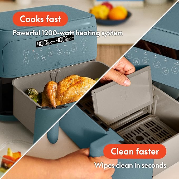 bella 4 Qt TriZone Air Fryer, EverGood™ Ceramic Nonstick Coating, Dual Basket Design w Removable Divider, Digital Touchscreen Control w 6 Preset Cooking Options, 1200 Watt, 3lb Capacity, Surf