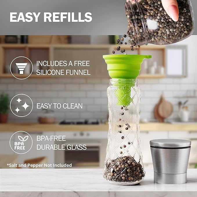 Home EC Original Stainless Steel Sea Salt and Pepper Grinder Set of 2 - Adjustable Ceramic Grinder - Diamond Pattern Glass - Salt and Pepper Shakers - Kitchen Spice Mill - Modern Kitchen Accessories