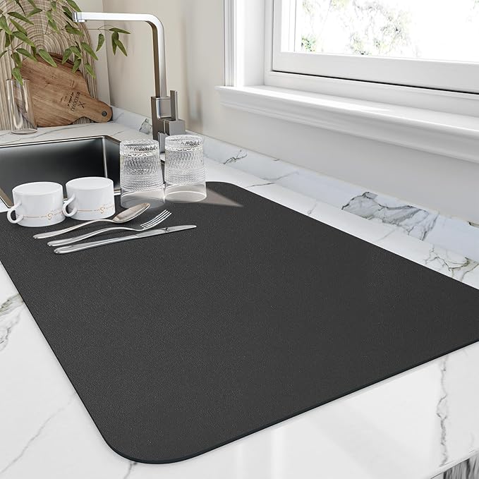 HotLive Dish Drying Mat for Kitchen Counter, Heat Resistant Drainer Mats with Non-slip Rubber Backed, Hide Stain Kitchen Super Absorbent Draining Mat, Easy to Clean Dish Rack Pad, Black 16"x18"