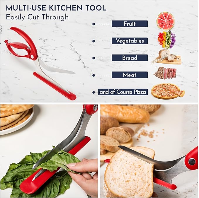 Loftern Red Pizza Scissors - Non-Stick Pizza Scissors with Firm Grip Base - Food Grade Stainless Steel Pizza Cutter - 5-in-1 Food Slicer & Pizza Server - Durable, Safe & Mess Free