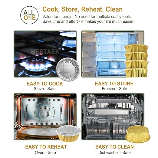 10" Deep Round Aluminum Foil Pans with Lids (5 Pack), Heavy Duty Grease-Resistant Foil Containers for Baking, Heating, Meal Prep & Food Storage, 3" Depth, 101oz