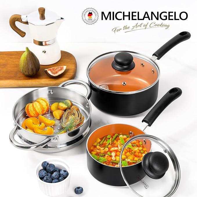 MICHELANGELO Nonstick Sauce Pan with Lid, 1QT & 2QT Ceramic Saucepan Set with Steamer, Small Copper Saucepans Set, Multipurpose Sauce Pots for Cooking, PFAS-FREE, Dishwasher Safe