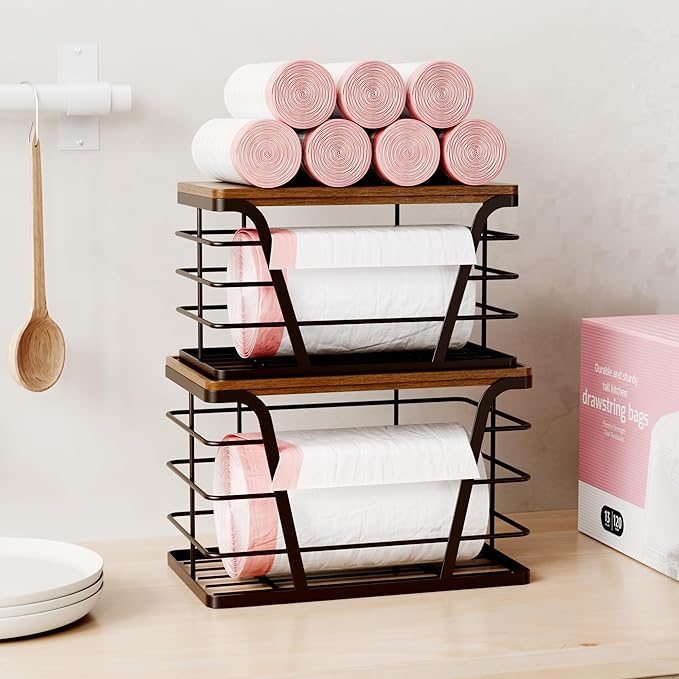 2 Pack Stackable Kitchen Organization,Counter Organizers and Pantry Organization for Home and Kitchen,Trash Bag Organizer Under Sink,Brown