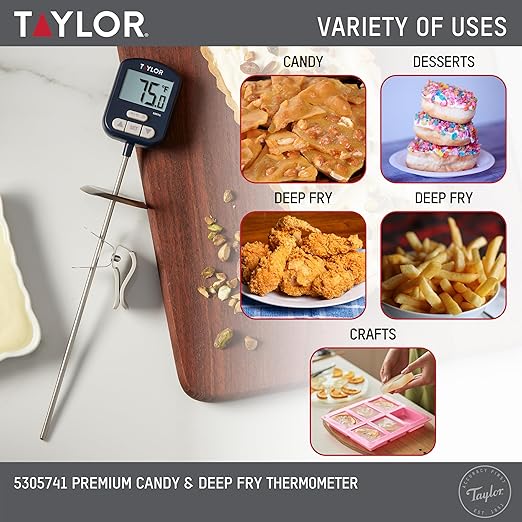 Taylor Digital Premium High Heat Resistant Candy Thermometer, Meat, Deep Fry, Brewing, and Craft Thermometer, with pan/Kettle Clip and Heat Shield, Backlit Display, and Includes 1 CR2032 Battery, Navy