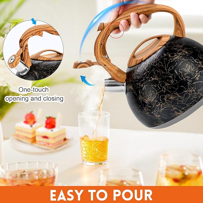 GGC Tea Kettle for Stove Top, Loud Whistling Kettle for Boiling Water Coffee or Milk, 3.1 Quart Stainless Steel Art Line Black Kettle with Wood Pattern Handle, Unique Button Control Kettle Outlet