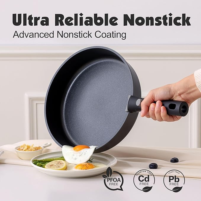 SENSARTE 17 Piece Pots and Pans Set, Nonstick Detachable Handle Cookware Set, Induction Kitchen Cookware Set with Removable Handle, Healthy Non Stick for RV, Dishwasher ＆ Oven Safe, PFOA Free (Black)