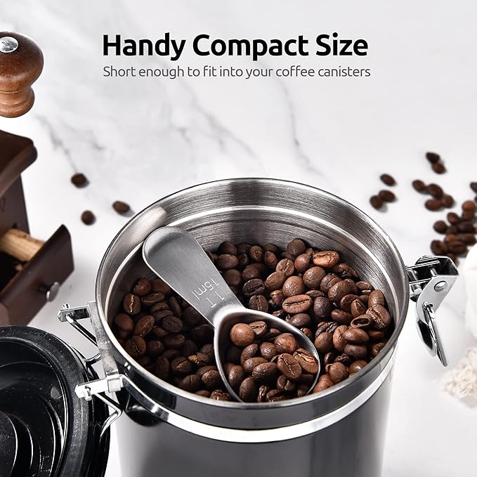 18/8 Stainless Steel Coffee Scoop: U-Taste 1 Tablespoon Metal Measuring Spoon Set of 2, Short Handled Measure Scooper for Ground Coffee, Bean, Espresso, Powder, for Canister (Silver, 1Tbsp/15ml)