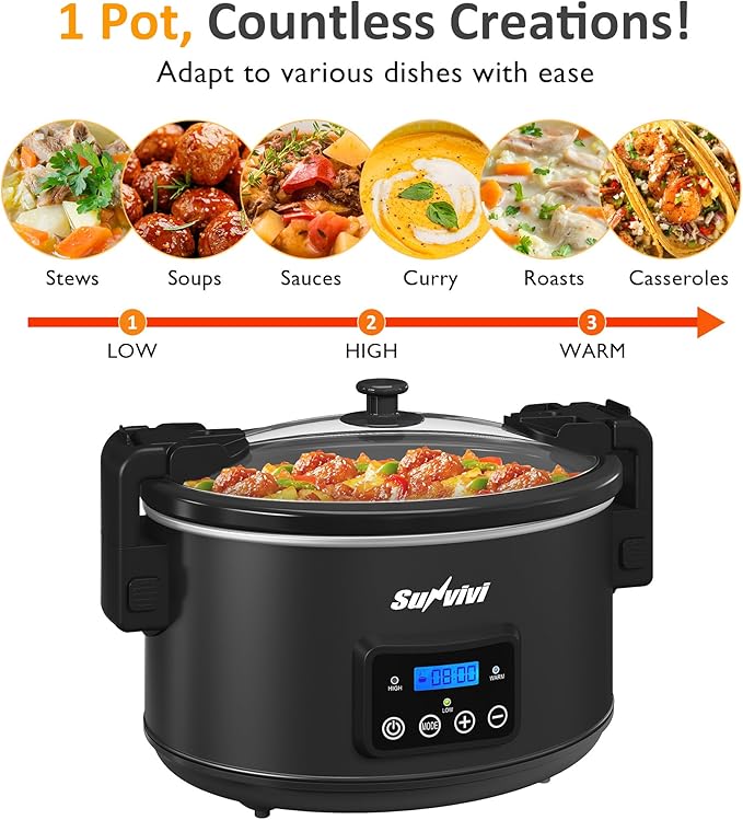 Sunvivi 8.5 Quart Programmable Slow Cooker: Multi-Cooker Food Warmer with Locking Lid & Digital Timer, Adjustable Tempature Control, Dishwasher Safe, Perfect for Families and Gatherings, Black