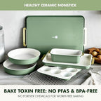 GreenPan Bakeware Set, 7 Piece Nonstick Ceramic Gold Handle Baking Sheets, Cake Pans, Loaf Pan, Muffin Tin, Cooling Rack, PFAS & BPA Free, Freezer to Oven Dish, Bake & Roast Ovenware, Sage Green