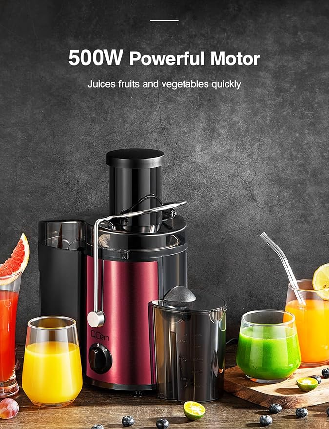 QCen Juicer Machine, 500W Centrifugal Juicer Extractor with Wide Mouth 3” Feed Chute for Fruit Vegetable, Easy to Clean, Stainless Steel, BPA-free (Metallic Red)