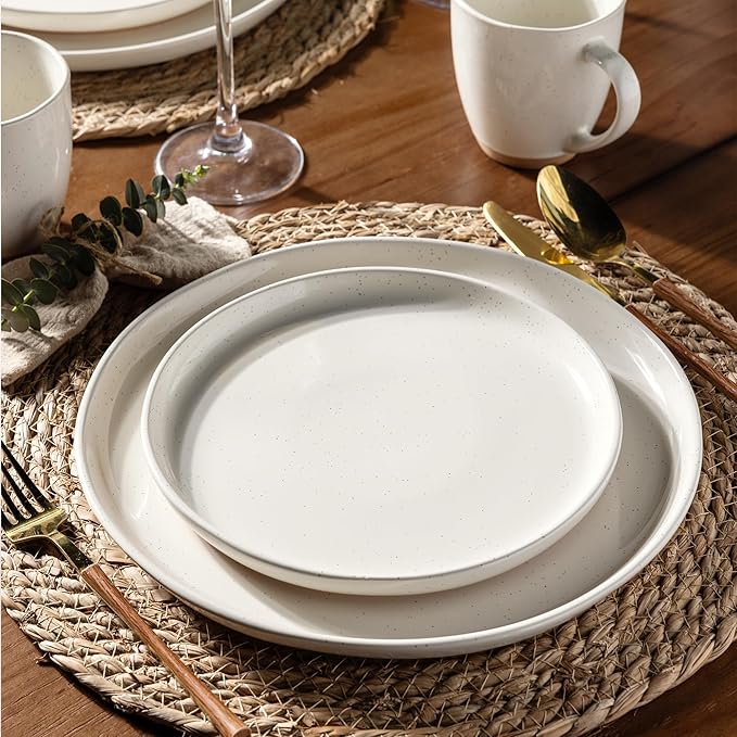 AmorArc Ceramic Dinnerware Sets for 8, 24 Pieces Handpainted Plates and Bowls Set with Rustic Terracotta Underside, Scratch Resistant Stoneware Dishes Set, Dishwasher & Microwave Safe, Light Beige