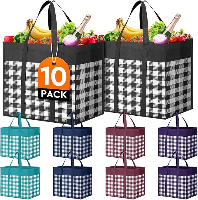 WISELIFE Reusable Grocery Shopping Bags 10 Pack Large Foldable Tote Bags Bulk, Long Handle for Shopping Groceries Clothes (Plaid C)