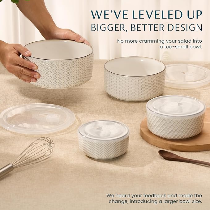 KooK Serving Bowls, with Lids, Ceramic Nesting Bowls, Set of 4, Embossed, Kitchen, Prep, Stackable, Gift, Microwave and Dishwasher Safe, 16/29/47/70 oz, Narbonne Collection (Ivory)