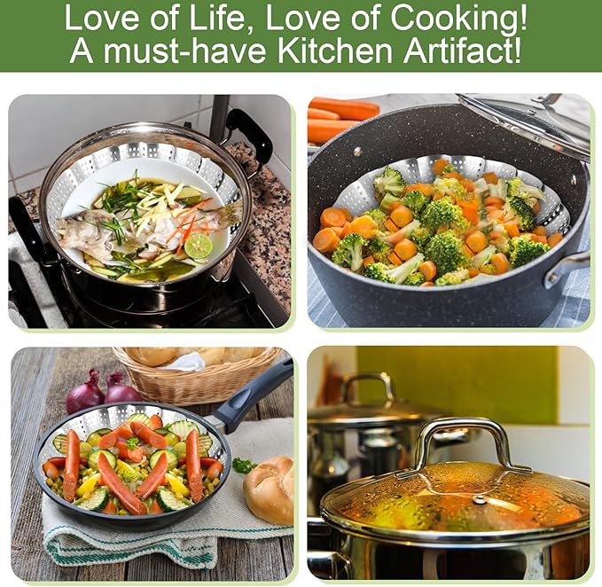 Steamer Basket for Cooking – Premium 304 Stainless Steel Steamer Basket, 3rd Gen Folding Expandable Steamers, Suitable for Cookware Pot, Fit for Fish Vegetables Pasta Eggs (Large (6.49“ to 10.82”))