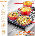 Hisencn Enameled Cast Iron Cookware Set - 7 Piece Dutch Ovens Set, Sauce Pan, Skillet, 3 Lids, Pots and Pans Set, Ceramic Coated Cast Iron, Heavy Duty, Gas/Induction Compatible, PFA Free, Rouge Red