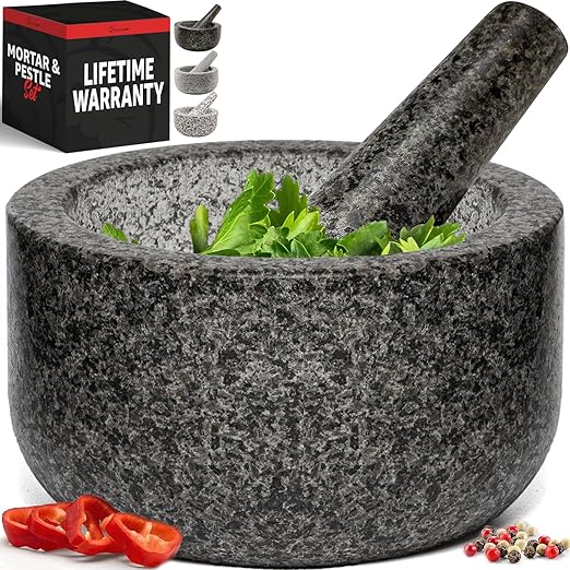 Priority Chef Heavy Duty Large Mortar and Pestle Set, 100% Granite, Non Slip Base, Make Fresh Guacamole, Salsa, Pesto, Stone Grinder Bowl, Herb Crusher, Spice Grinder, 4 Cup - Black