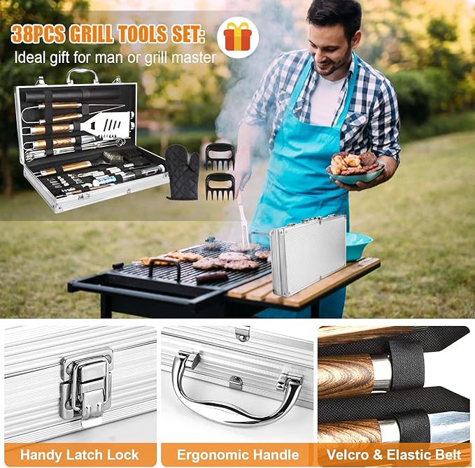 Cifaisi BBQ Grill Accessories Set, 38Pcs Stainless Steel Grill Tools Grilling Accessories with Aluminum Case, Thermometer, Grill Mats for Camping/Backyard Barbecue, Grill Set for Men Women