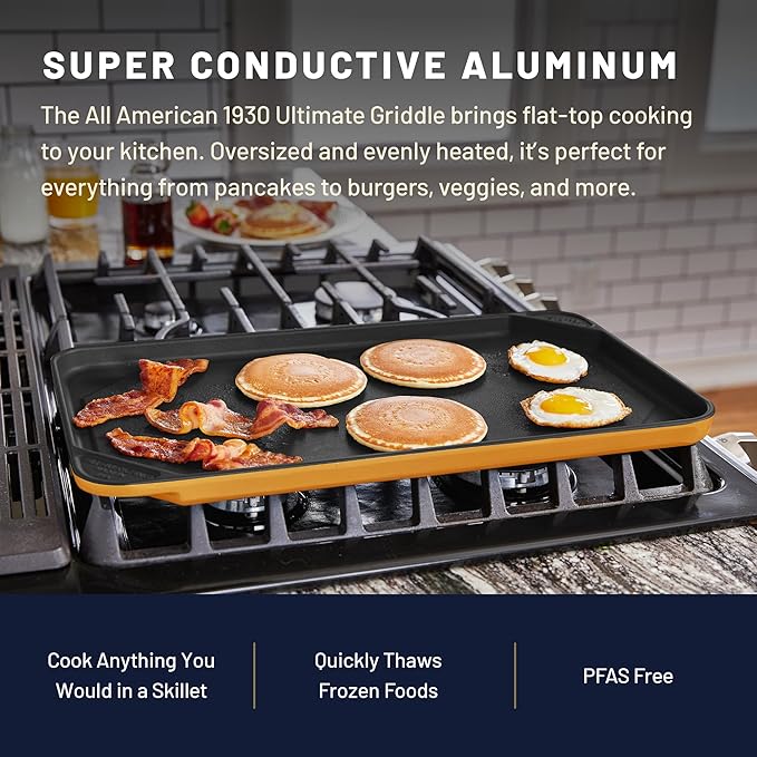 All American 1930 - Ultimate Flat Griddle with Ceramic Non-Stick Coating - Tomato Red - Durable & PFAS Free - For Easy, Prep, Cooking, & Cleaning - Made in the USA