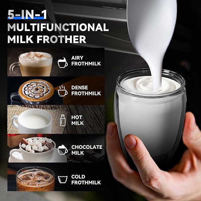 5-in-1 Milk Frother and Steamer, 21 oz Split Milk Frother, Removable Automatic Electric Milk Frother Dishwasher Safe, for Latte, Cappuccino, Hot and Cold Milk Froth, Chocolate Milk