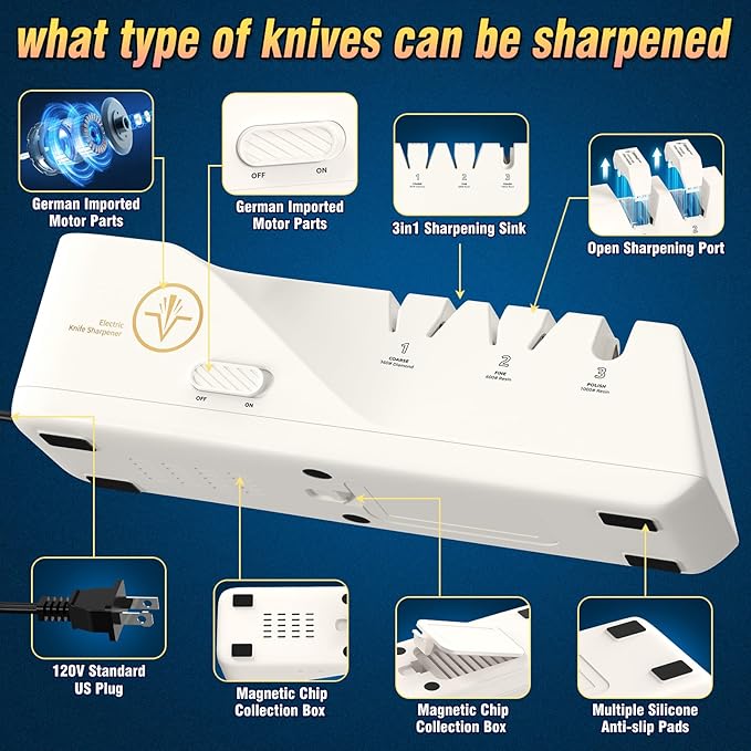 Professional Electric Knife Sharpeners with 100% Diamond Abrasives and Precision Angle Guides, Multifunctional 3-Stage Slots, Applicable to Straight Knife and Ceramic Knife