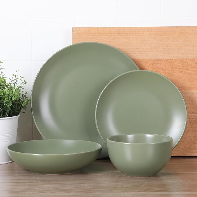 Gibson Home Queenslane 16-Piece Matte Green Stoneware Dinnerware Set – Double Bowl Plates and Bowls, Durable Kitchen Dinner Set