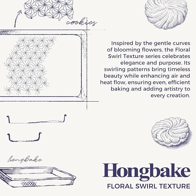 HONGBAKE Nonstick Baking Sheet Pan Set of 3, Cookie Sheets for Oven, Non-Toxic Half/Quarter/Jelly Roll Pans with Floral Swirl Texture, Heavy Duty 0.8mm Thick Oven Trays for Cooking, Blue