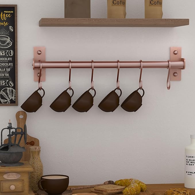 Dseap Kitchen Utensil Holder Hanger, Pot and Pan Rack Wall Mounted, Kitchen Rail with 8 Hooks for Hanging Cooking Utensils, Mugs, Spoons, Wall Mounted, Rose Gold