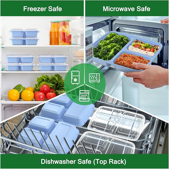 50 Pack (100-Piece) 32 oz Meal Prep Containers Reusable with Lids 3-Compartment, To Go Take Out Plastic Food Storage Containers, Sturdy Leakproof Food Safe, Microwave Freezer Dishwasher Safe, Blue