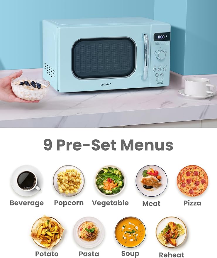 COMFEE' Retro Small Microwave Oven With Compact Size, 9 Preset Menus, Position-Memory Turntable, Mute Function, Countertop Microwave For Small Spaces, 0.7 Cu Ft/700W, Green, AM720C2RA-G