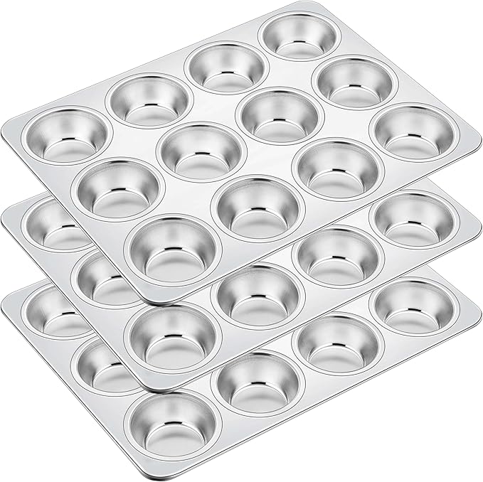 Homikit 3 Pack Muffin Pan, Stainless Steel Cupcake Tin with 12 Cups Regular Size, 13.8" x 10.4" Nonstick Metal Egg Bites Tray for Oven Baking, Non Toxic & Rust Free, Easy Release & Dishwasher Safe