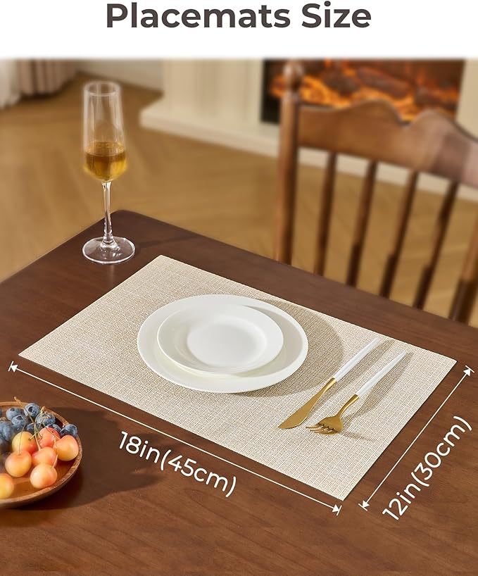 Leetaltree Beige Placemats Set of 8 - Heat Resistant Non-Slip Place mats for Dining Table, Washable Durable PVC Vinyl Woven Table Mats（Beige, 8）