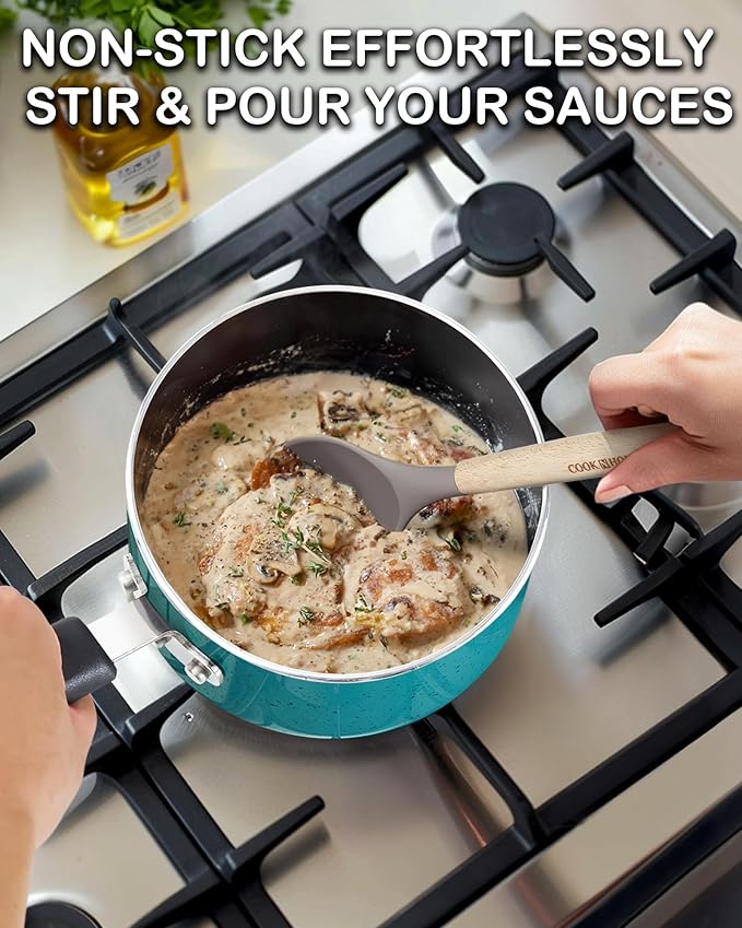 Cook N Home Non Stick Sauce Pan, 2 Quarts Saucepan with Glass Lid, Nonstick Small Multi-purpose Pot, Milk Chocolate Aluminum Cooking Pot Pan with Stay-Cool Handle, Turquoise