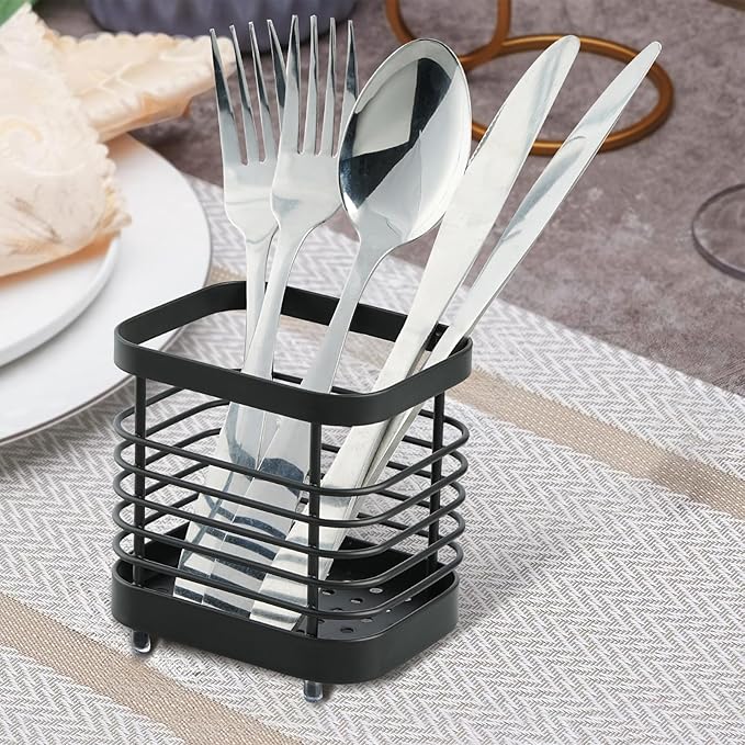 Utensil Holder, Stainless Steel Utensil Drying Rack for Kitchen Counter, Silverware Cutlery Flatware Holder Forks, Knives, Spoons, Chopsticks Organizer (Black)
