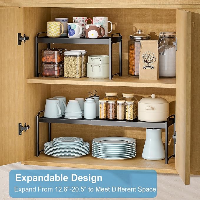 2 Pack Expandable Cabinet Countertop Shelves, Stackable Shelves Organizers For Kitchen Cabinet Countertop Storage, Adjustable Counter Cupboard Pantry Organizer Shelf Rack Stand, Length:20.5"