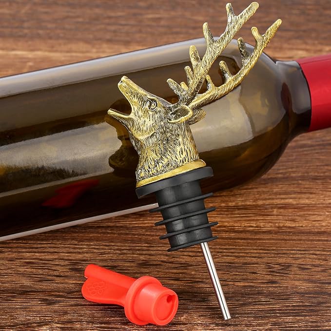 LKKCHER Deer Head Wine Bottle Pourer and Stopper Birthday Gifts Hunting Gifts for Hunters Men Dad Liquor Bottle Pourers Spout for Alcohol Spirits, Stag Gifts Wine Gifts, Bronze