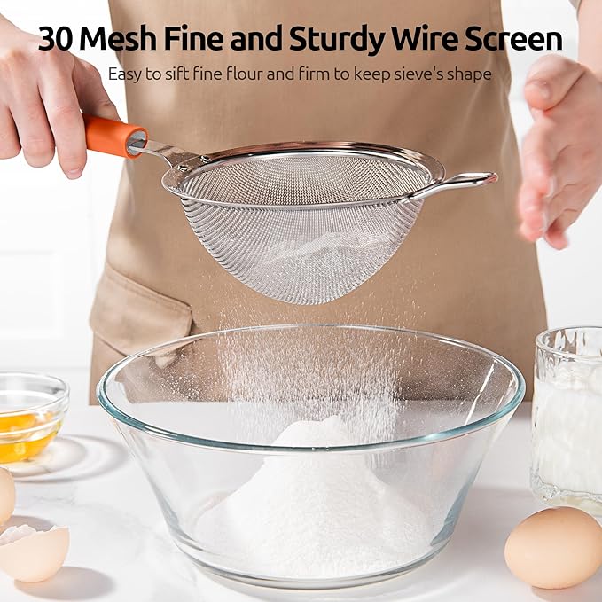 U-Taste Medium Fine Mesh Strainer: 18/8 Stainless Steel 4.73in 30 Mesh Kitchen Food Sieve with Sturdy Riveted Silicone Handle, Heavy Duty Deep Handheld Metal Colander for Rice, Quinoa, Flour (Orange)