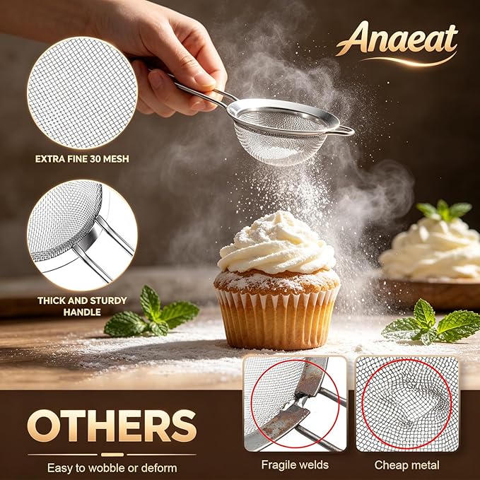 Anaeat Fine Mesh Strainers - Premium Stainless Steel Colander Sieve Sifters, with Durable Mesh and Sturdy Handle, Excellent for Sifting Dry ingredients, Flour, Pastas, Rice, Tea (8.67"）