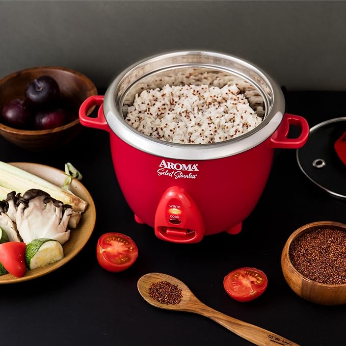 Aroma Housewares Select Stainless Rice Cooker & Warmer with Uncoated Inner Pot, 6-Cup(cooked)/ 1.2Qt, ARC-753SGR, Red
