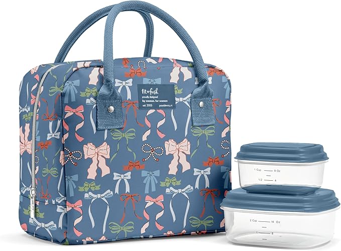 Fit & Fresh Bloomington Lunch Bag for Women - Insulated Large Lunch Box for Work with Containers, Leak-Resistant, Stain-Resistant, Zipper Closure, Denim Bows