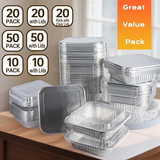 8x8 Aluminum Pans with Clear Lids - 20 Pack Disposable Baking Pans, Tin Foil Trays for Baking Cake, Cooking, Heating, Storing and Prepping Food