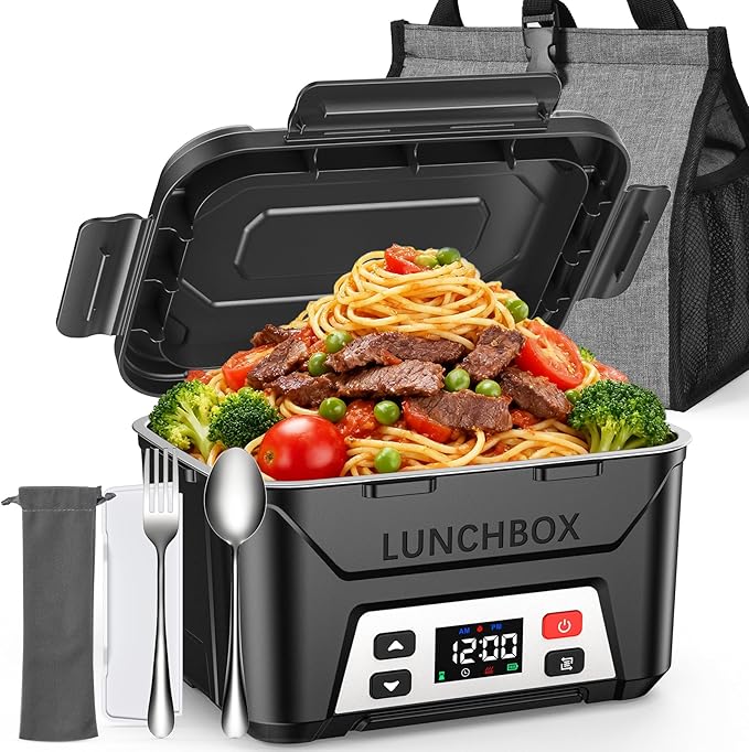 EAST OAK Heated Lunch Box for Men, Electric Lunch Box for Adults, 5.5 Cups Cordless Portable Food Warmer, Rechargeable Self Heating Food Heater with Memory Function, Automatic Keep Warm(Classic Black)