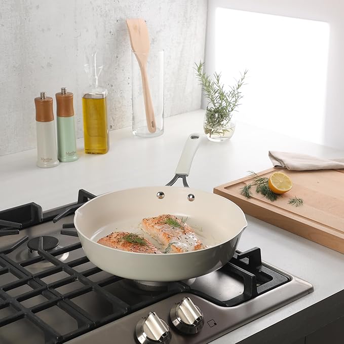 Martha Stewart Heathland 11 Inch Aluminum Fry Pan with Premium Ceramic Non-Stick Coating - Kitchen & Omelet Pan, Linen White, Induction Safe