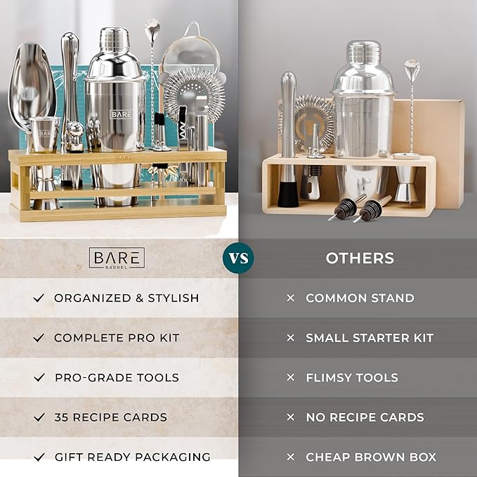 BARE BARREL® Mixology Bartender Kit Bar Set | 16-Piece Cocktail Shaker Set | Martini Barware Mixing Tools for Home Bartending | Incl. 35 Recipe Cards | Gift Set (24oz Cobbler Shaker, Silver/Natural)
