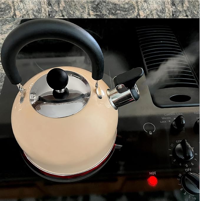 Lily's Home 2 Quart Stainless Steel Whistling Tea Kettle, the Perfect Stovetop Tea and Water Boilers for Your Home, Dorm, Condo or Apartment. (Pastel Cream)