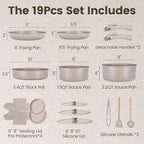 Chef Power Ceramic Nonstick Pots and Pans Set 19 Piece with Detachable Handle, Induction Dishwasher Oven Safe Cookware Set, RV Kitchen Set Removable Handle, Mocca Taupe