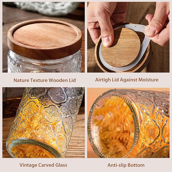 24 OZ/2 PCS Glass Storage Jar with Airtight Bamboo Wooden Lids, Vintage Food Containers Canisters Sets for Kitchen Counter Pantry, Sugar, Flour, Candy, Tea, Coffee Beans, Oats, Grain Bin, Pasta,