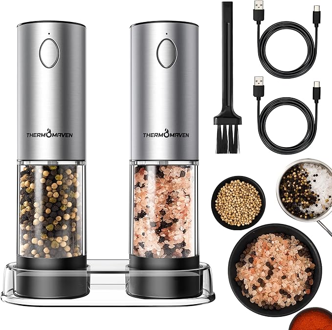 ThermoMaven Electric Salt and Pepper Grinder Set, 110ml Larger Rechargeable Automatic Salt and Pepper Mill Grinder with 6 Adjustable Coarseness, Electric Salt and Pepper Shakers, LED, 2 Packs, Black